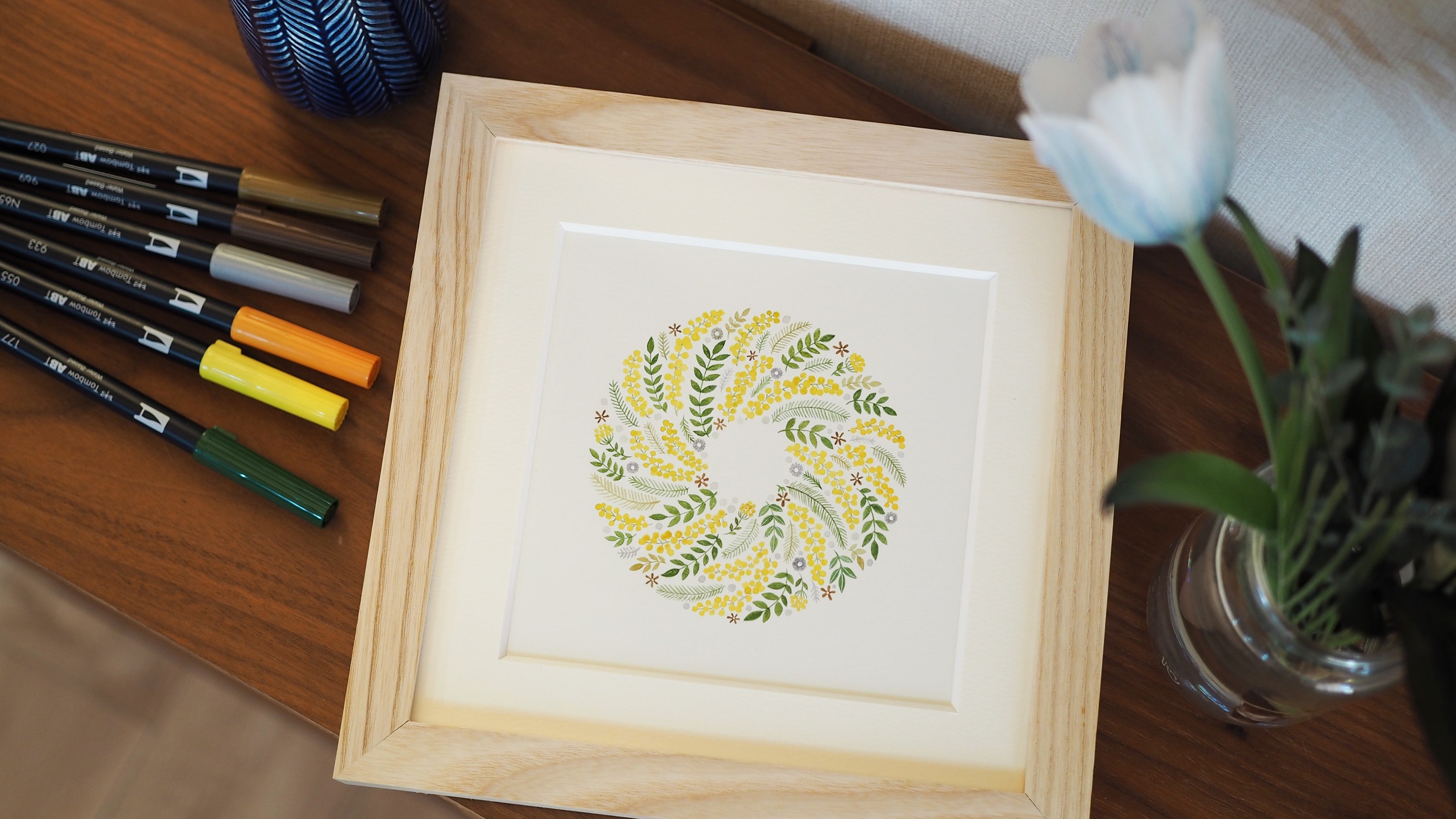 DLできる型紙付き】ABTと水筆で季節のイラストを描く。「ミモザの